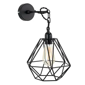 ValueLights Huber Industrial Satin Black Wall Ceiling Light Fitting with Black Metal Cage Shade