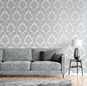 Silver Grey Damask Wallpaper Floral Feature Vintage Retro Metallic Smooth Finish