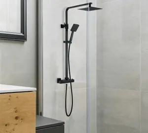 Matt Black Thermostatic Mixer Shower Set Square Black Twin Head Exposed + Tap