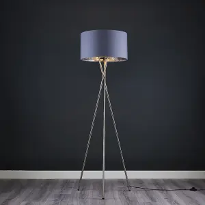 ValueLights Camden Brushed Chrome Metal Tripod Floor Lamp with Grey & Chrome Cylinder Shade - Includes 6w LED Bulb 3000K