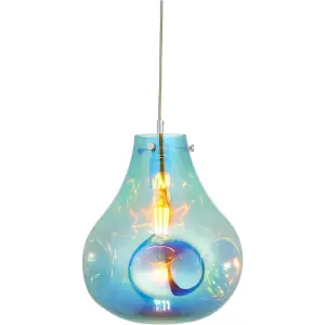 Hanging Ceiling Pendant Light - Large Petrol Blue Metallic Glass & Chrome Plate - 10W LED E27