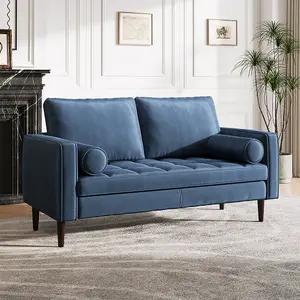 Blue Double Sofa 2-Seat Velvet Sofa with Bolster Pillows