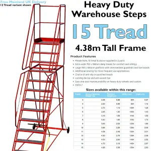 15 Tread HEAVY DUTY Mobile Warehouse Stairs Anti Slip Steps 4.38m Safety Ladder