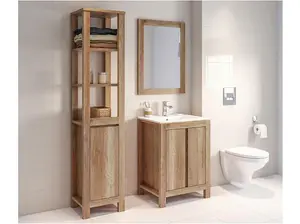 Bathroom Furniture Set: 600 Sink Vanity, Mirror, Freestanding Storage Cabinet Oak Effect Classic