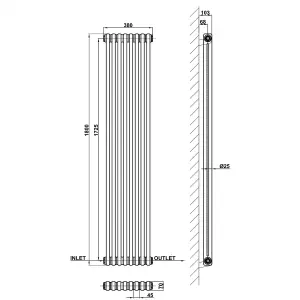 Vertical Black Double Column Radiator (H) 1800mm x (W) 380mm, 5010 BTU.