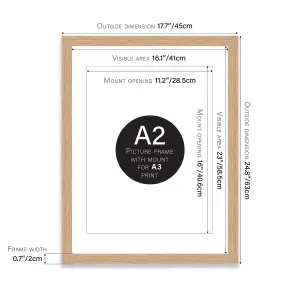 A2 Oak Picture Frame With Mount for A3 (29.7 x 42cm - 11.7 x 16.5in) Poster, Photo, Artwork, or Print.