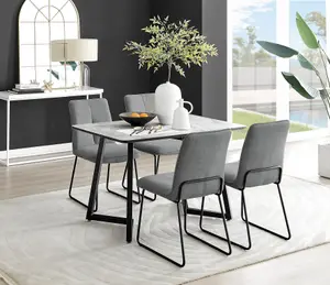 Furniturebox UK Carson White Marble Effect Dining Table & 4 Dark Grey Halle Chairs