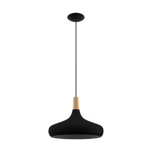 EGLO Sabinar IP20 Black Steel and Wood Pendant Light - Scandinavian Design, E27 (D) 40cm