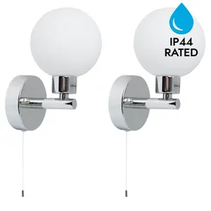 First Choice Lighting Pair of Polished Chrome IP44 Bathroom Globe Wall Light With Pull Cord Switch