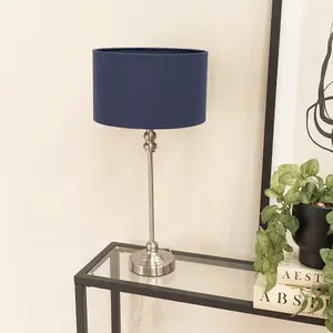 ValueLights Maggie Brushed Chrome Candlestick Table Lamp with Navy Blue Fabric Drum Shade and LED Bulb