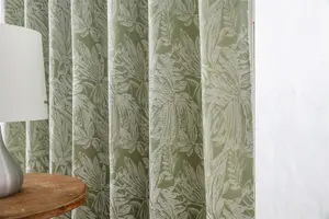 Chenille Jacquard Lined Pencil Pleat Curtains 168x137cm Green