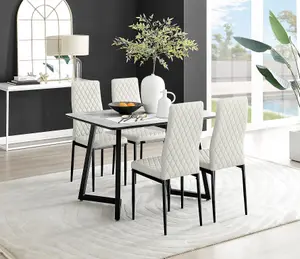 Furniturebox UK Carson White Marble Effect Dining Table & 4 Cream Velvet Milan Black Leg Chairs