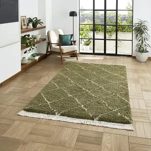 Green Geometric Shaggy Rug, Stain-Resistant 45mm Thick Modern Rug for Bedroom, Living Room, & Dining Room-120cm X 170cm