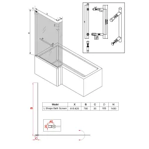 Rinse 810x1400mm Square Bath Shower Screen Bifold 6mm Safety Glass Easy Clean Panel Frameless Pivot Screen Black with Towel Rail