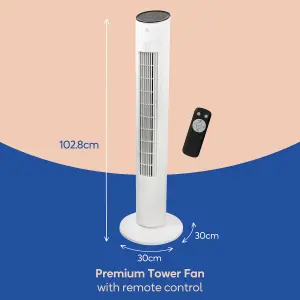 Russell Hobbs Tower Fan with Remote Control 1m Height 3 Speed Settings Oscillating 32W White RHTWR3S