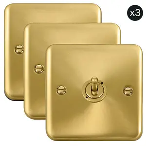 3 PACK - Curved Satin / Brushed Brass 1 Gang 2 Way 10AX Toggle Light Switch - SE Home