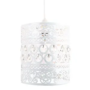 Traditional and Ornate White Easy Fit Pendant Shade with Clear Acrylic Droplets