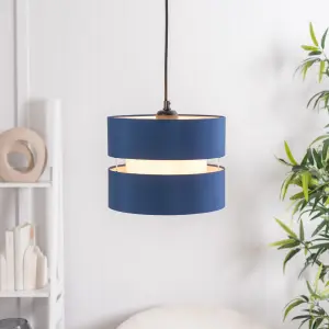 ValueLights Sophia Pair of Small Easy Fit Ceiling Light Shades 2 Tier Pendant Drum Lampshades - Navy Blue