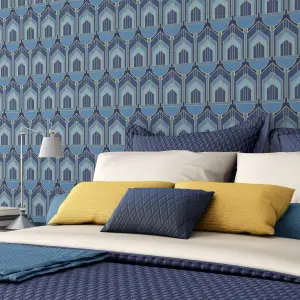 Hoopla Walls Navy Blue Deco Arch Smooth Matt Wallpaper