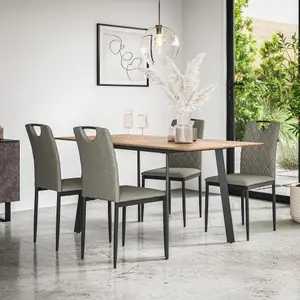 Haydon Extending Dining Table And Chairs -  Oak Effect Table Top w Black Legs + Monza Linen Dining Chair Set Of 4 (Grey)