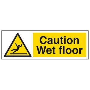 Caution Wet Floor Warning Safety Sign - Rigid Plastic - 600x200mm (x3)