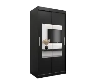 Elegant Torino Mirrored Sliding Door Wardrobe (H)2000mm  (W)1000mm (D)620mm with Ample Storage - Black Matt