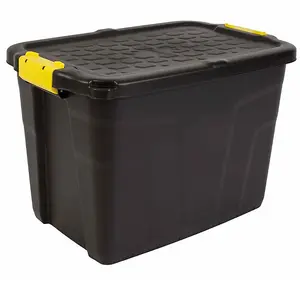 60L Heavy Duty Storage Tub Sturdy, Lockable, Stackable and Nestable Design Storage Chest with Clips in Black