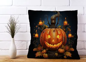 Spooy Pumpkin With Leaves And Small Candles Cushions 60cm x 60cm