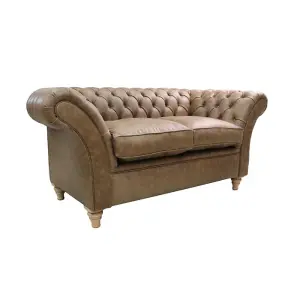 Chesterfield 2 Seater Sofa Settee Cracked Wax Tan Real Leather In Balmoral Style