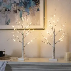 Set Of 2-Vanthylit White Christmas Tree With Lights 2ft Tabletop Birch Tree With 24 Warm White Leds Battery Operated Light Up Twig Tree For Home