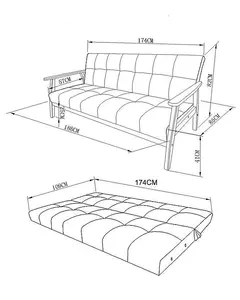 Langford Sofa Bed Fabric 3 Seater Button Detail Wooden Frame Sofabed, Cream with Oak Colour Wood