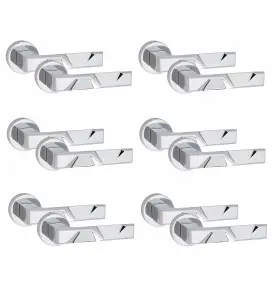 6 Pair Nova Design Door Handles Round Rose Polished Chrome Finish