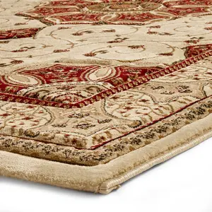 Cream Red Traditional Easy to Clean Bordered Floral Rug For Dining Room-200cm X 290cm