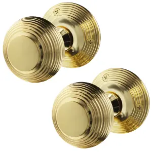 AFIT Beehive Door Knobs Polished Brass - 1 Pair of Reeded Mortice Knobs (55mm) for Internal Doors