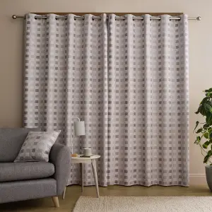 Catherine Lansfield Wilson Check Blackout Thermal 46x72 Inch Eyelet Curtains Two Panels Natural