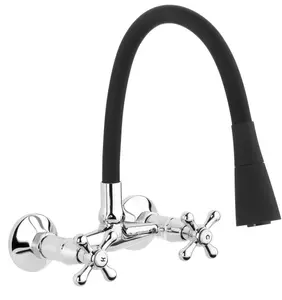 Invena Black Flexible Spout Chrome Kitchen Tap Wallmounted Faucet Cross Heads Mixer