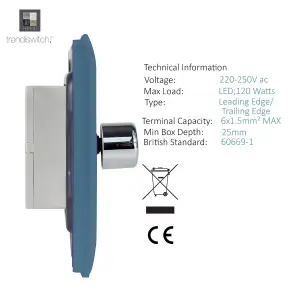 Trendi Switch 2 Gang 1 or 2 way 150w Rotary LED Dimmer Light Switch in Sky blue