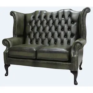 Chesterfield 2 Seater High Back Wing Sofa Antique Olive Leather In Queen Anne Style