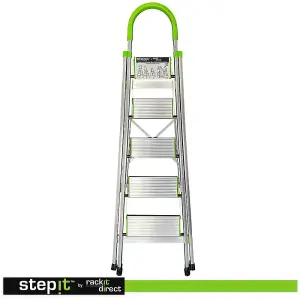 StepIt 5 Step Ladder - Portable Folding with Wide Steps, Soft Grip, Rubber Hand Grip, 150kg Capacity