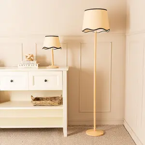 ValueLights Triston Natural Light Wood Stem Floor Lamp with Scallop Black Trim Tapered Shade and LED Bulb