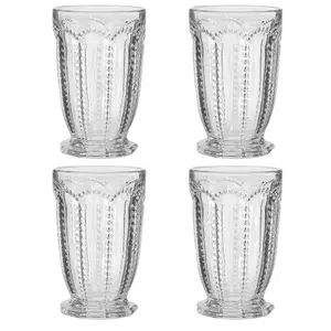 Set of 4 Vintage Luxury Clear Embossed Drinking Tall Tumbler Glasses 340ml