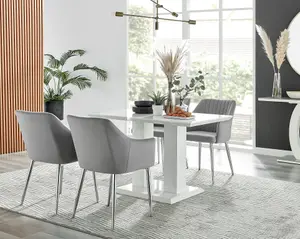 Furniturebox UK 4 Seater Dining Set - Imperia White High Gloss Dining Table and Chairs - 4 Grey Calla Silver Leg Chairs