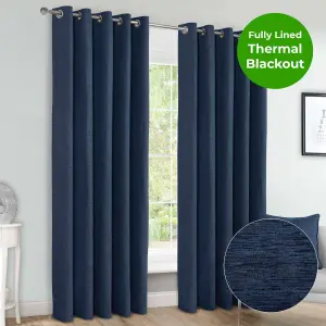 Home Curtains Canterbury Chenille Lined Blackout 65w x 72d" (165x183cm) Navy Eyelet Curtains (PAIR)