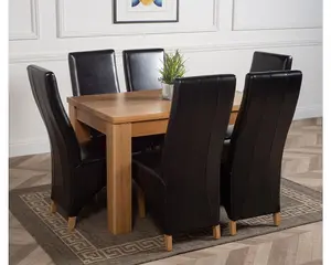 Dakota 152 x 87 cm Chunky Medium Oak Dining Table and 6 Chairs Dining Set with Lola Black Leather Chairs