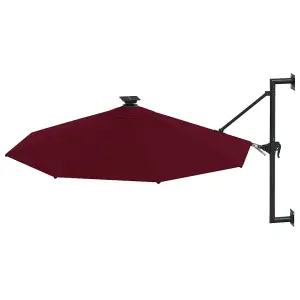 Berkfield Wall-mounted Parasol with LEDs and Metal Pole 300 cm Burgundy