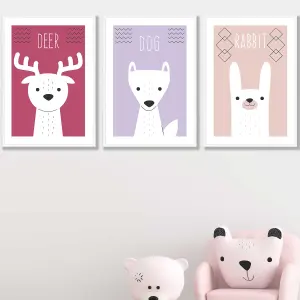 Set of 3 Scandi Nursery Forest Animals Pink Lilac Wall Art Prints / 42x59cm (A2) / White Frame