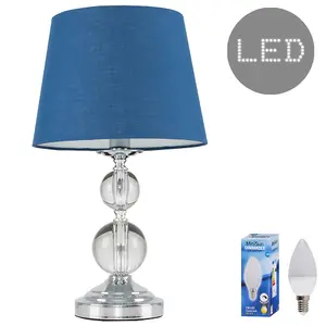 ValueLights Gatto Chrome & Acrylic Ball Touch Table Lamp with Navy Blue Light Shade - with 5w LED Dimmable Candle Bulb