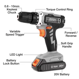 Terratek 18V Orange Cordless Combi Drill Driver Kit and 13 Piece Bit Set