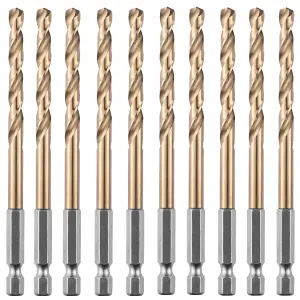 Box of 10 x 5.5mm Hex Shank HSS Gold Cobalt Jobber Drill Bit Set For Stainless Steel, Hard Metals, Aluminium, Cast Iron, Copper.