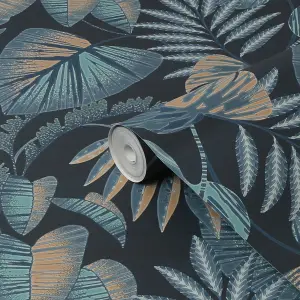 Next Jungle leaves Navy Smooth Wallpaper Sample